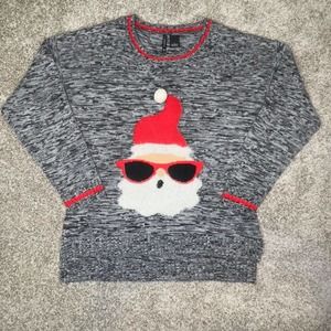 New Direction Large Santa Claus Sweater Gray Black Sunglasses Christmas